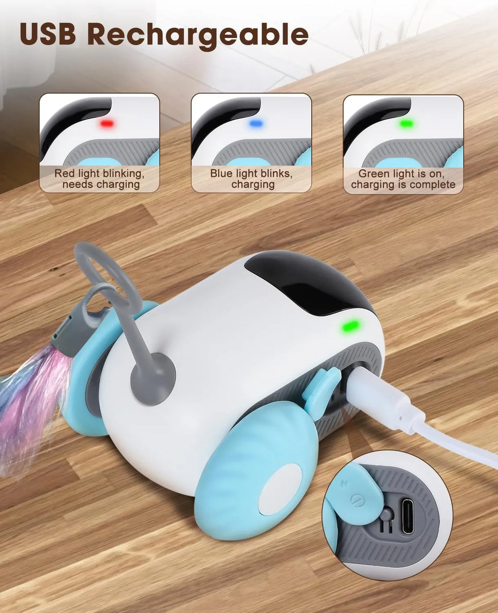 Blue remote controlled smart cat toy car with feather teaser attachment on hard floor