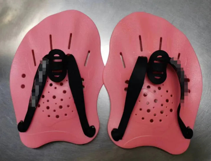 A pair of webbed swimming training hand paddles for freestyle stroke, shown in multiple colour options including dark blue with yellow.