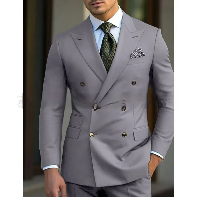 Men's light business two-piece suit in a cotton blend fabric, shown in navy blue.
