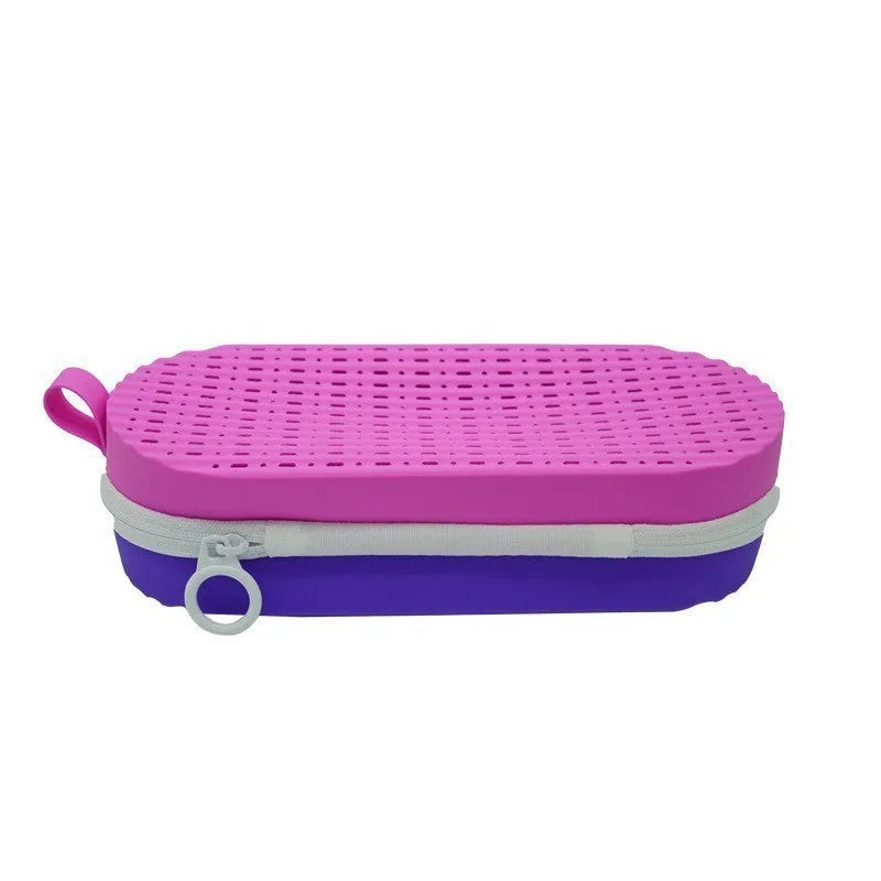 A rectangular silicone glasses case in rose red light purple, showing its slim 200mm x 80mm x 50mm profile.