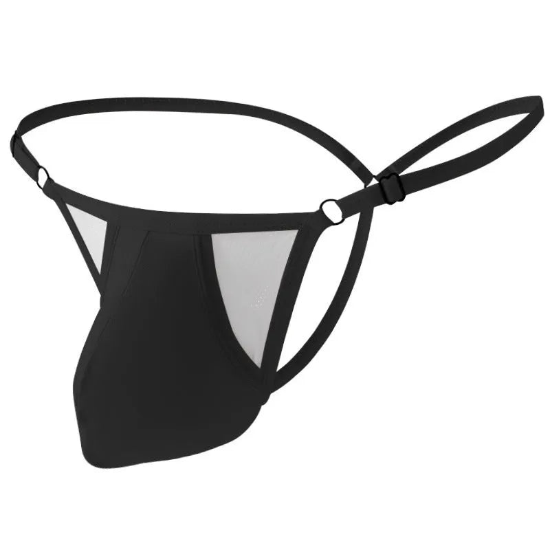 Men's ice silk T-back underwear in light purple showing adjustable thin straps and low waist design.