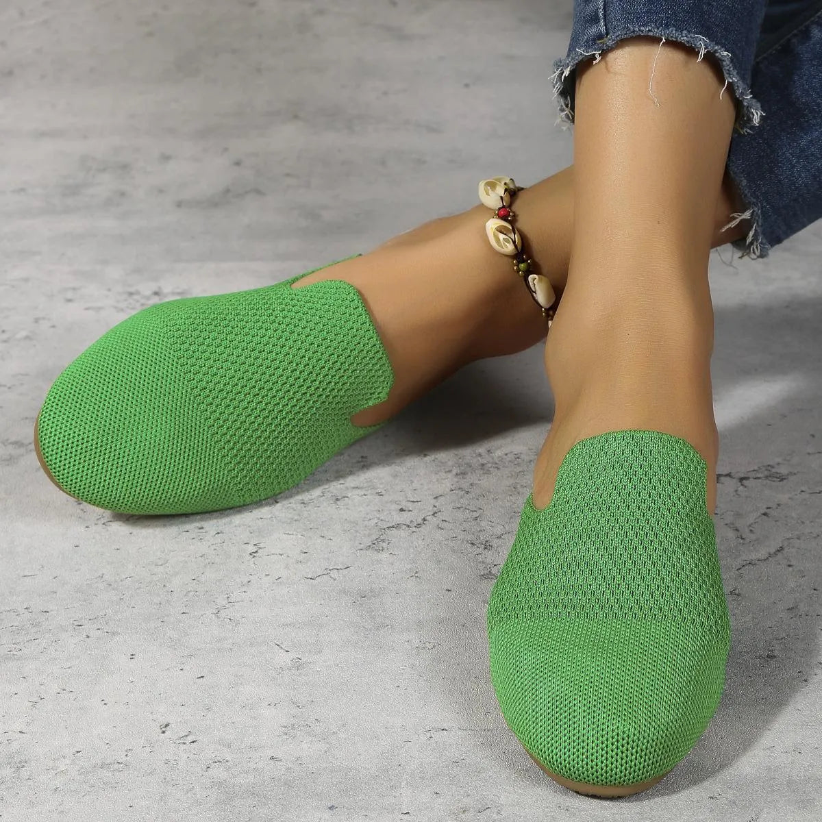 Casual mesh slip-on sandals with round toe, cloth upper and rubber sole in blue green or apricot colors for summer leisure