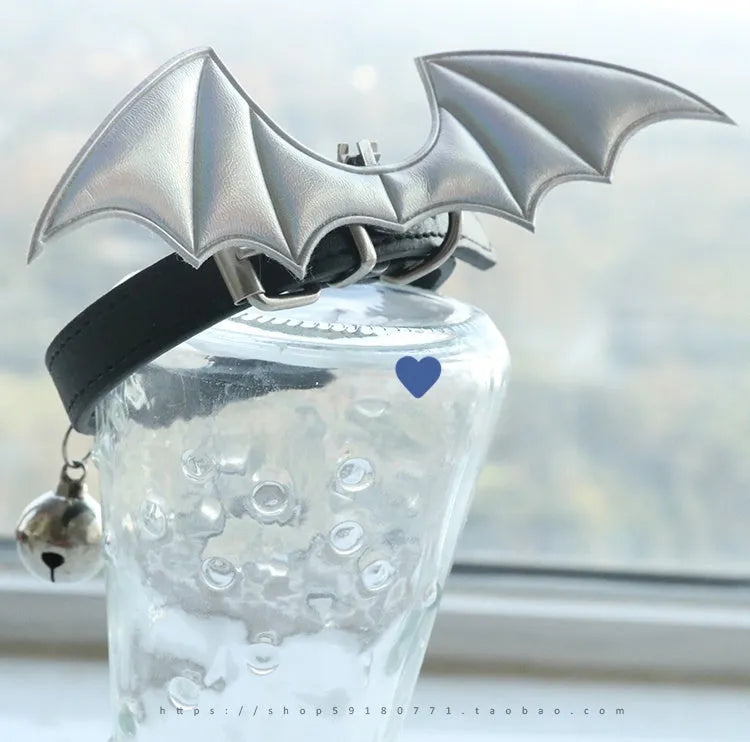 Leather BDSM collar with removable devil wings and bell in patent leather satin