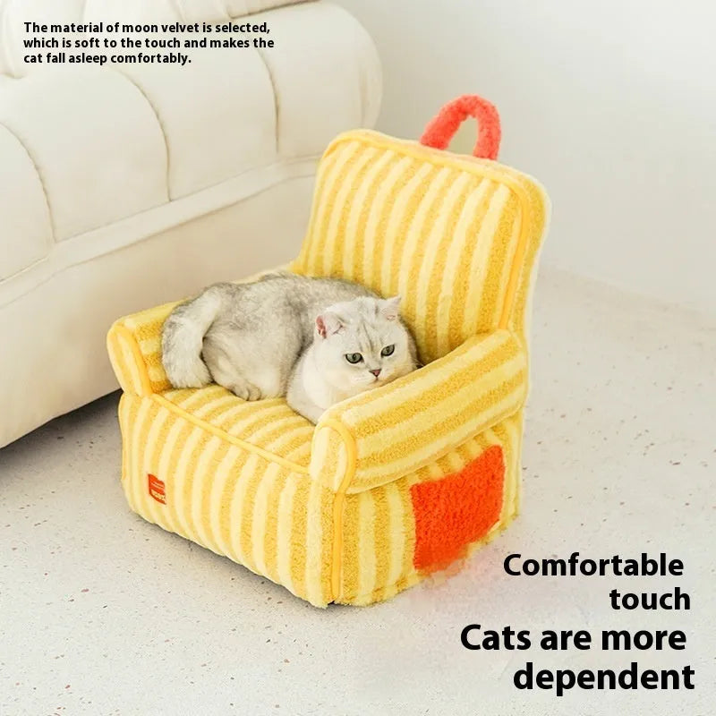 Striped plush dog bed in yellow, orange or purple colours with removable washable design