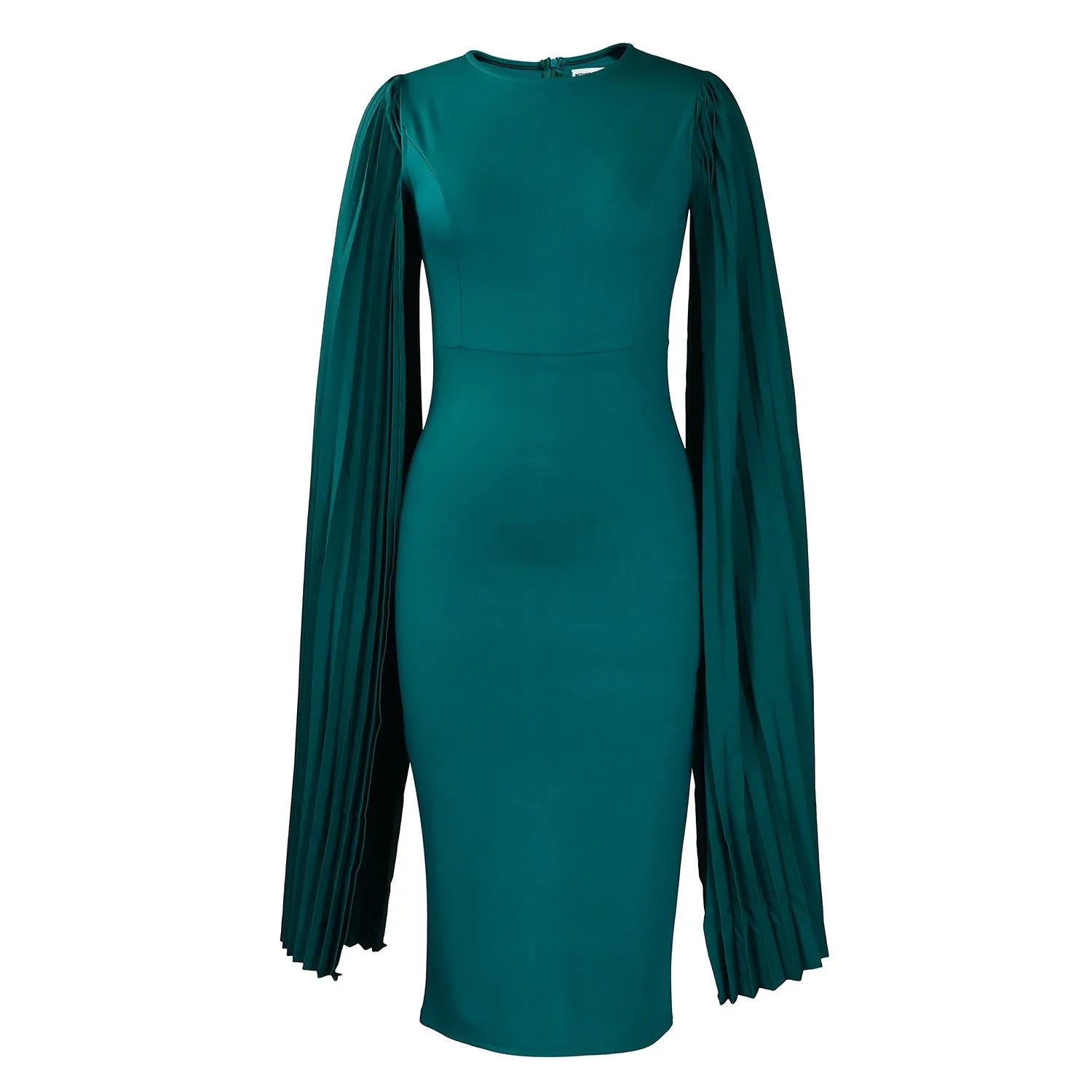 Long sleeve evening dress with pleated shawl detail in red, shown with high waist