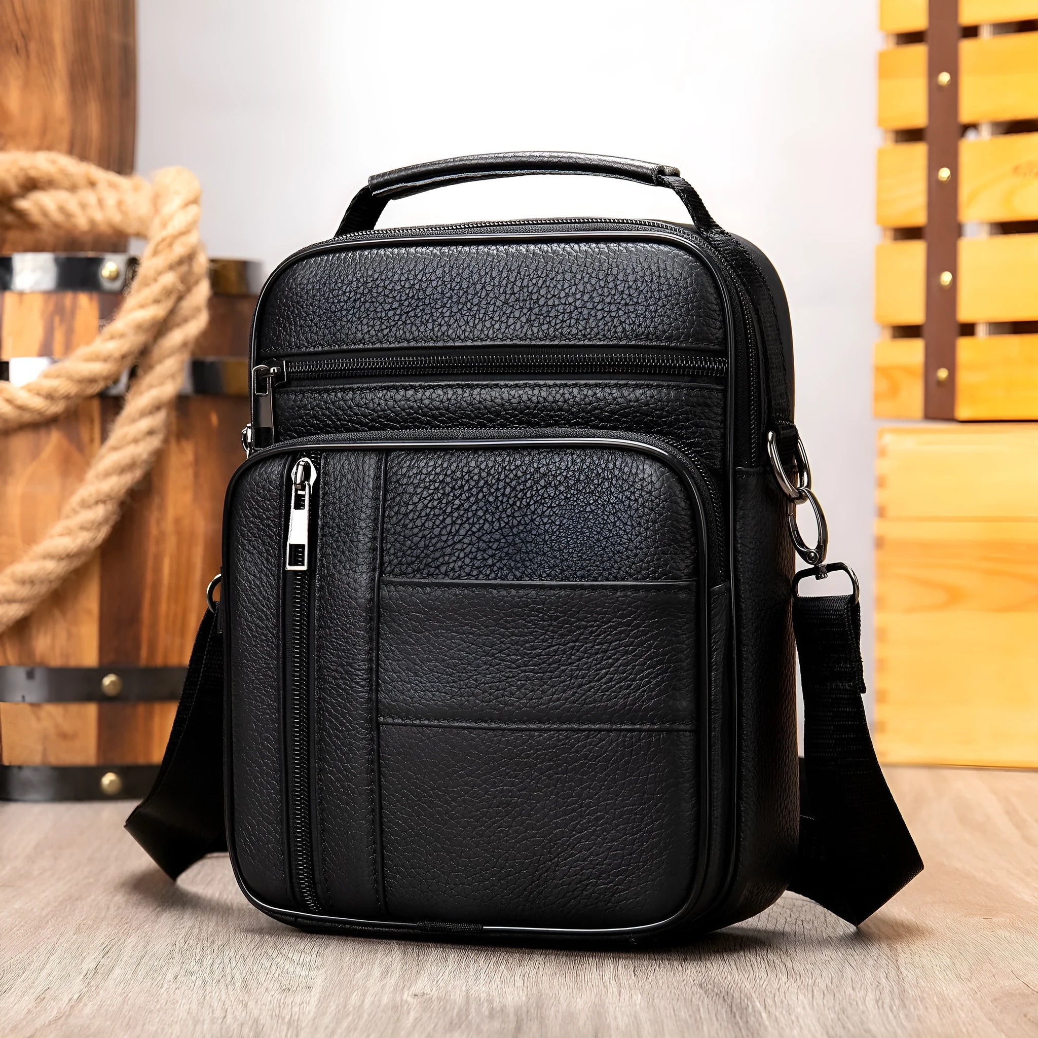 Men's vintage cowhide leather shoulder bag in vertical square design with zipper opening and soft handle