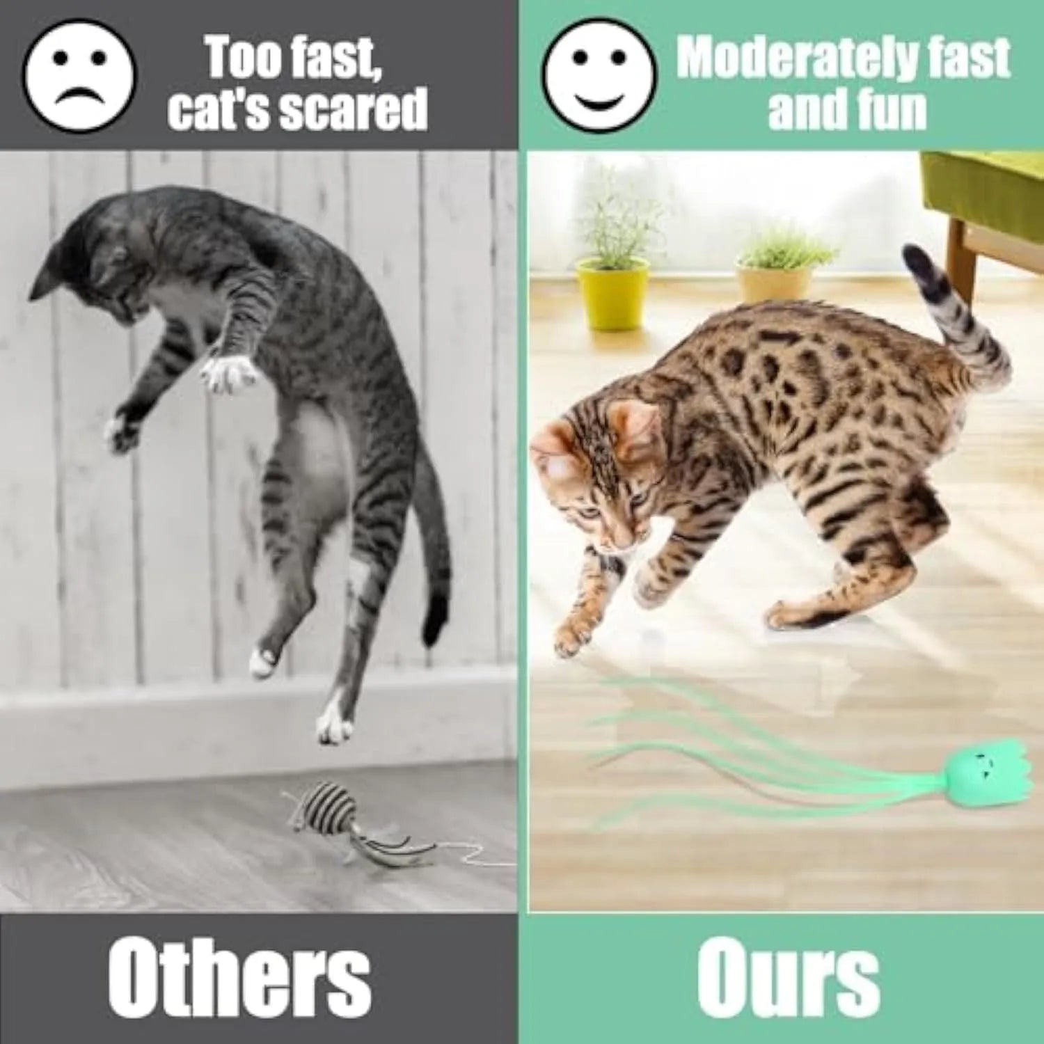 Automatic cat wand toy with swinging silicone tail measuring 38 cm long