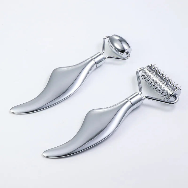 Stainless steel facial massage board set with heart-shaped eye tool and double-head roller