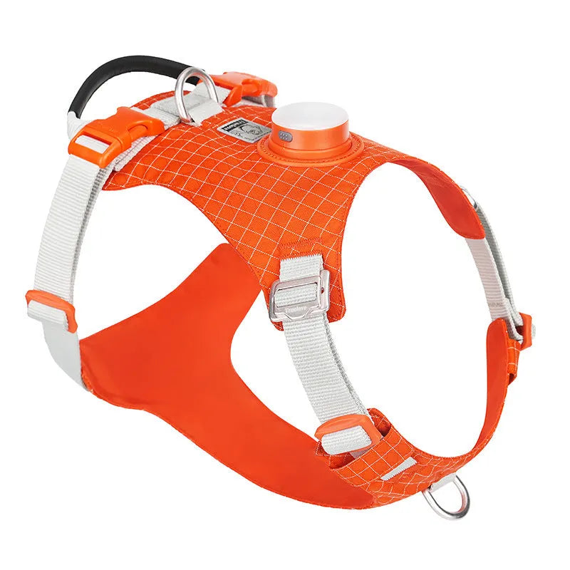 Light purple dog chest harness with integrated LED light, showing adjustable nylon straps and buckle.