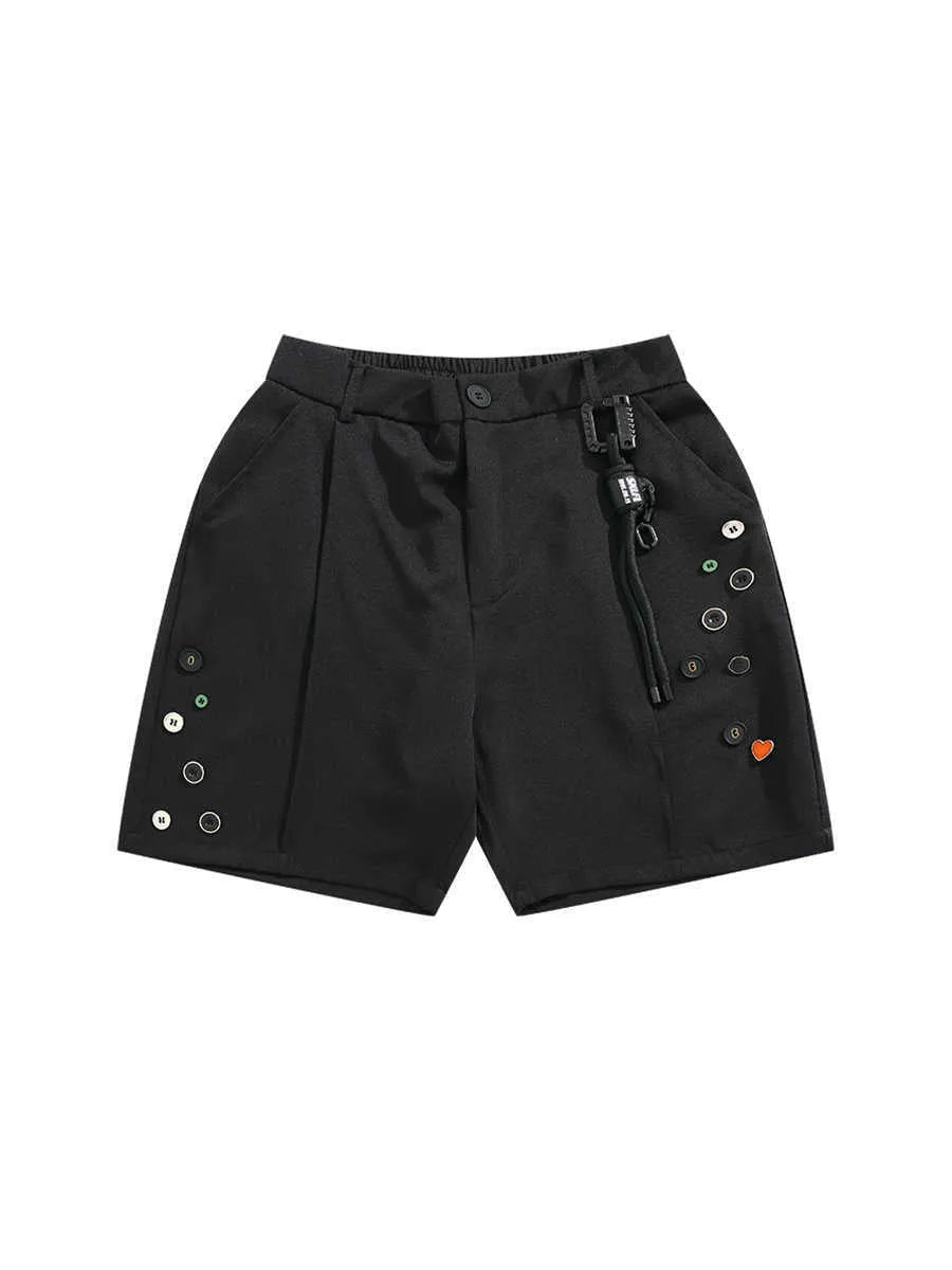 Black semi-elastic shorts with colour button fastening and straight leg loose fit design