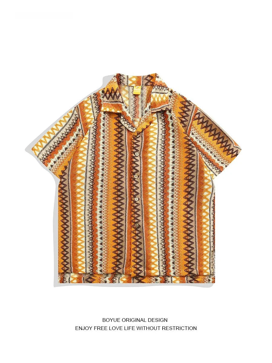 Ethnic style woven shirt with Cuban collar and drop shoulder sleeves in contrast colours