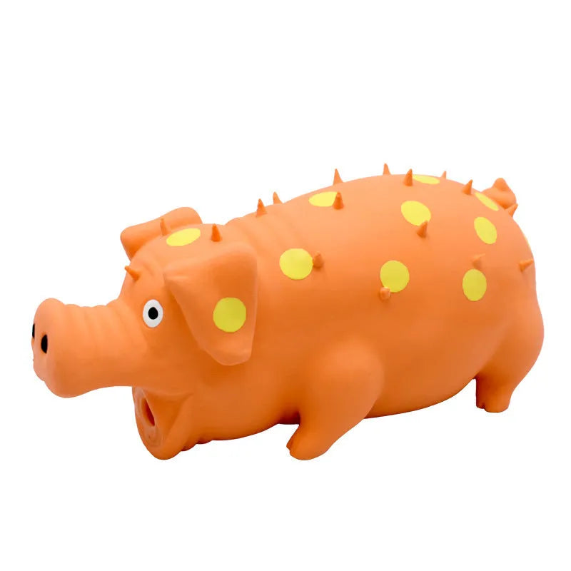 Blue pig-shaped latex dog chew toy with a textured surface and squeaker.