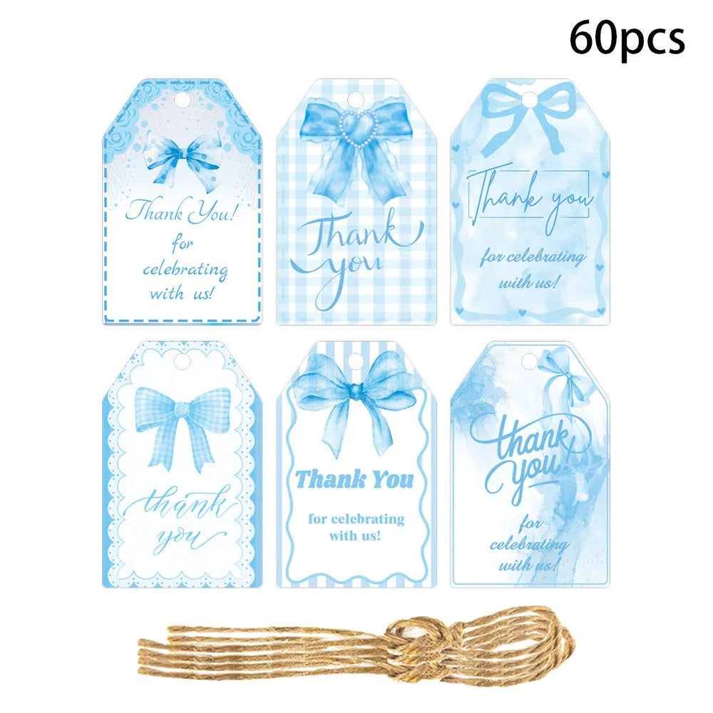 60 paper birthday gift tags with natural jute twine in three decorative bowknot styles