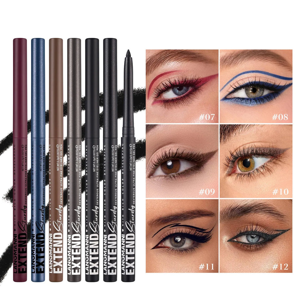 12 colourful gel glitter eyeliner pencils in vibrant shades including matte, glitter, metallic and pearl effects