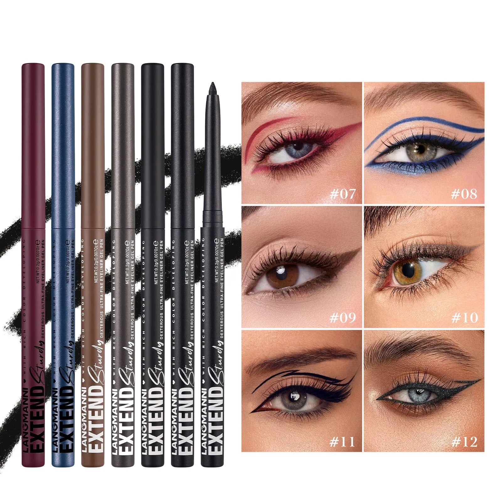 12 colourful gel glitter eyeliner pencils in vibrant shades including matte, glitter, metallic and pearl effects