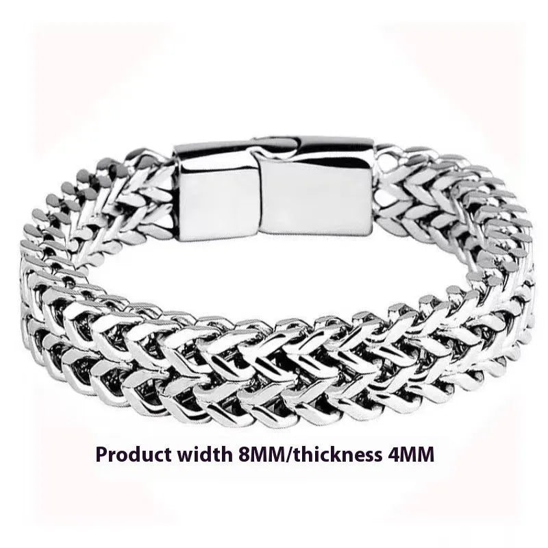 Silver titanium steel hip hop bracelet with geometric design showing front and back view