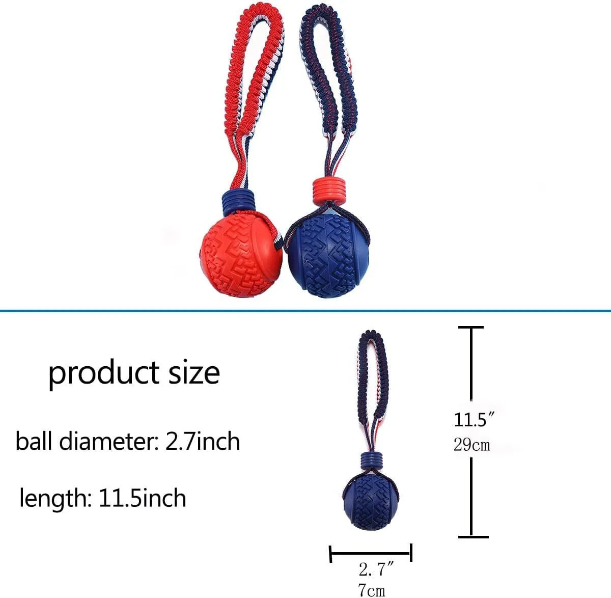 Blue dog ball with rope toy showing 29cm length and textured 6.5cm rubber ball