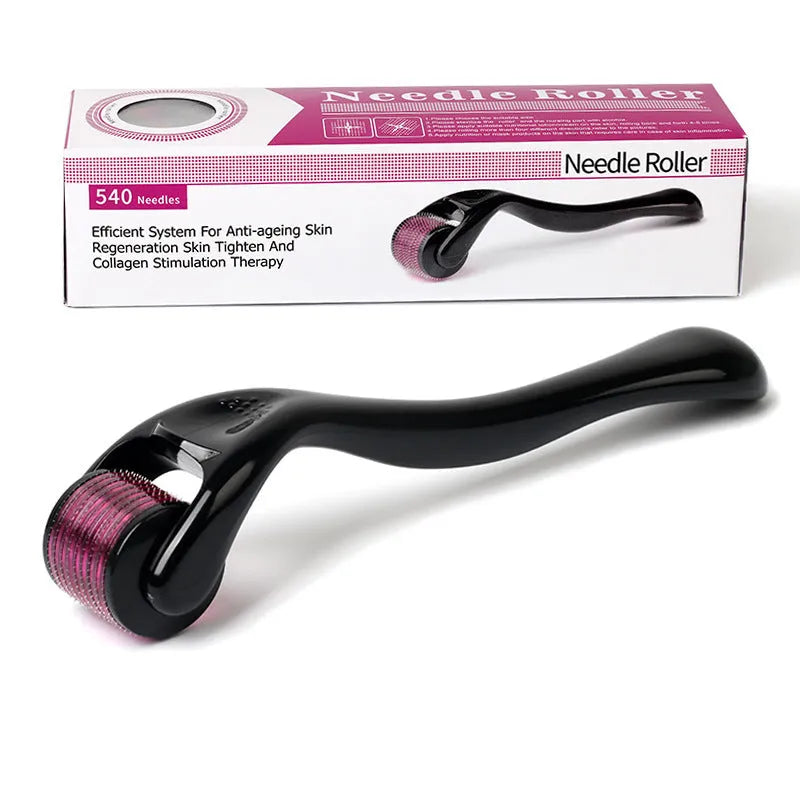 Black and purple derma rollers with titanium microneedles showing sizes from 0.20mm to 1.0mm