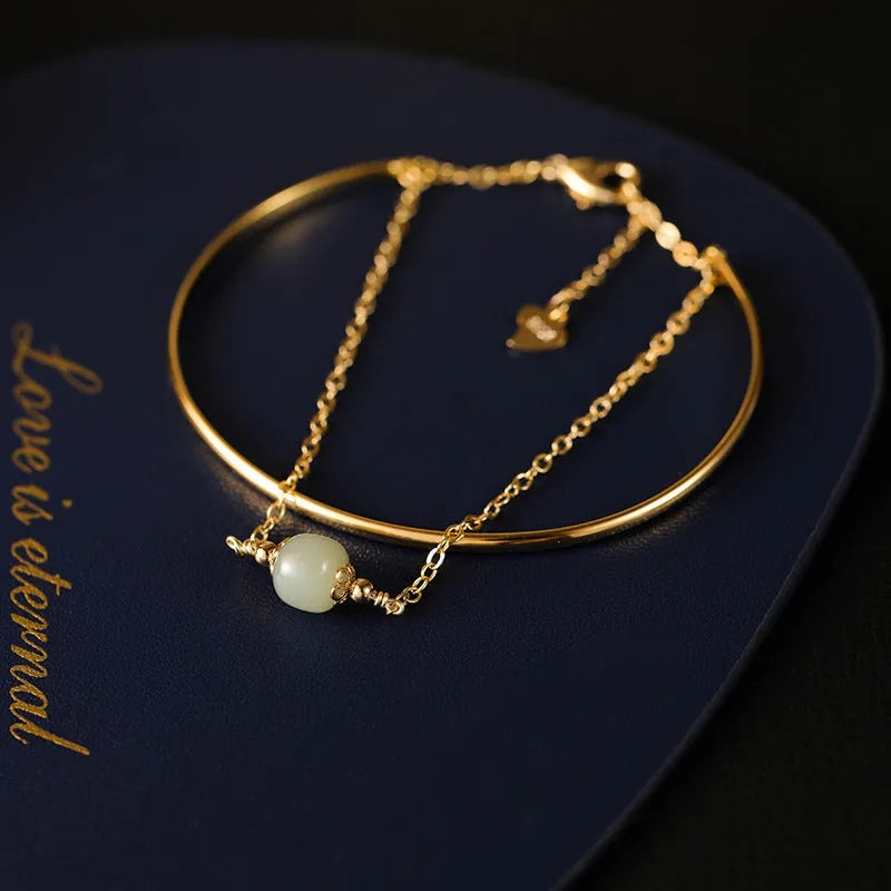 Women's Hetian jade lucky beads bracelet with gold inlay treatment in single, double, and three beads versions