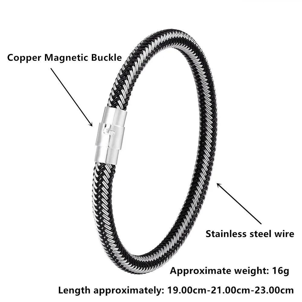 Titanium steel geometric wire bracelet with a magnetic clasp shown in various sizes.