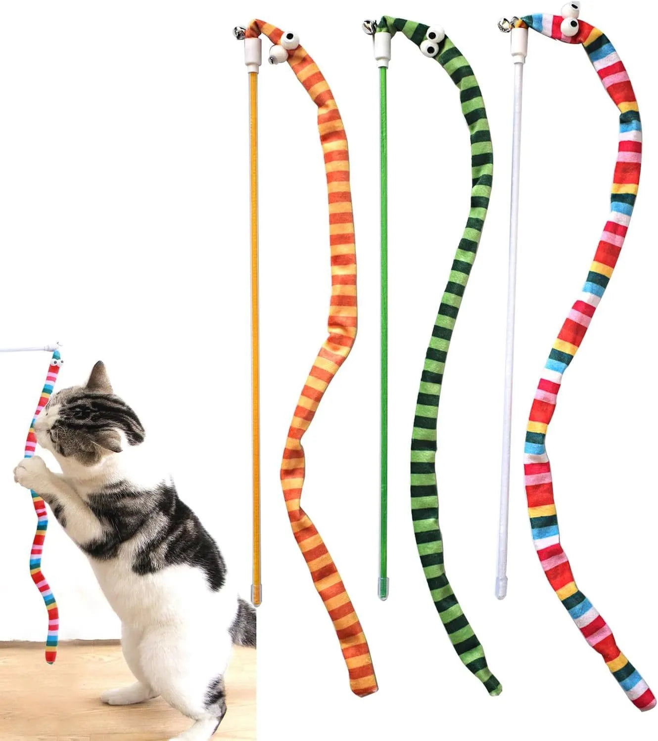 Colourful cat wand toy with polycarbonate handle and long plush strip for interactive feline play
