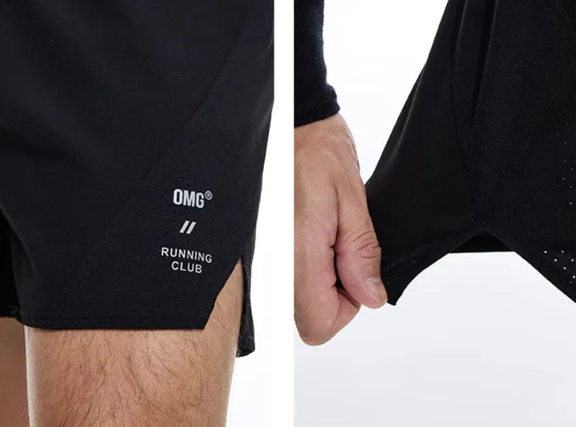 Black and blue four-point stretch running shorts with laser-cut stitching detail on a mannequin.
