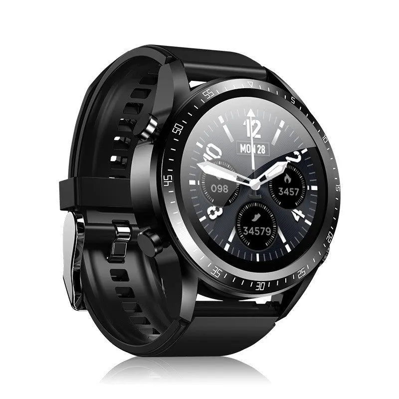 Black smart watch with blood pressure monitoring on a silicone strap, showing 1.28-inch touchscreen