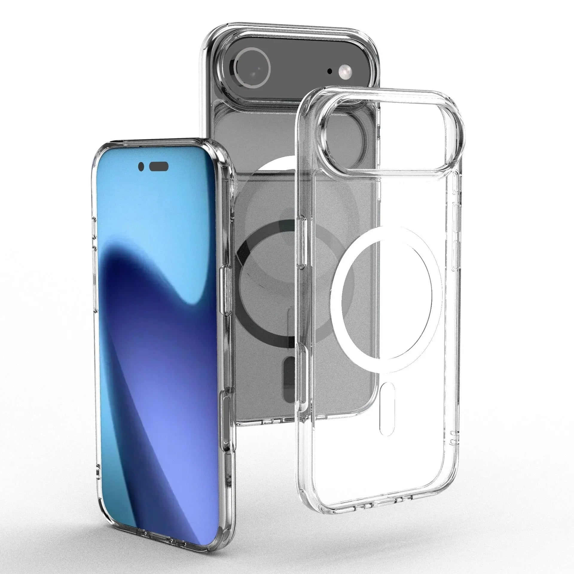 Transparent magnetic phone case for iPhone 17 series showing clear TPU construction with magnetic ring