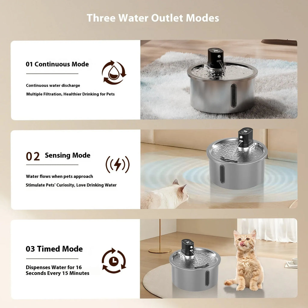 Stainless steel pet water fountain with heated base on countertop