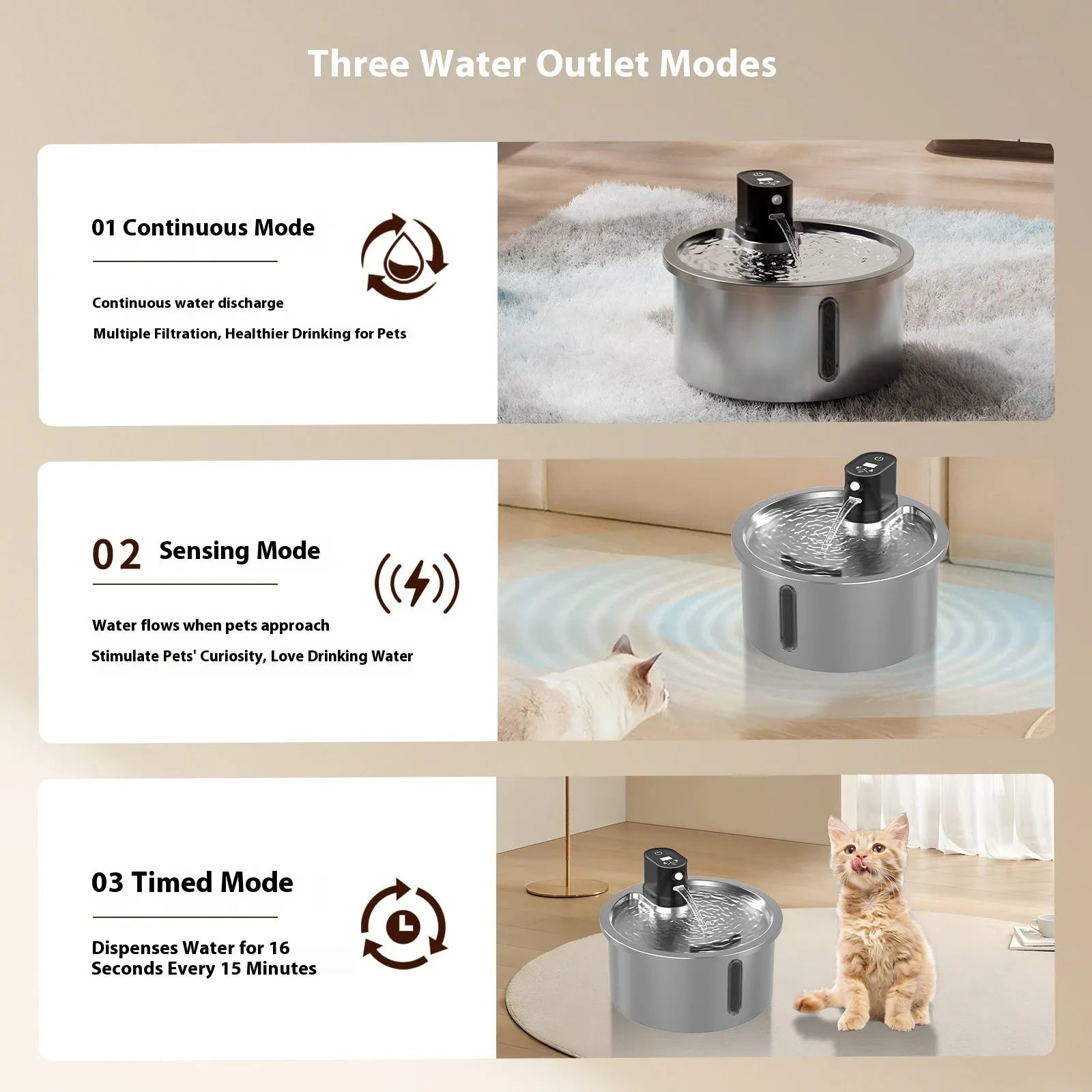 Stainless steel pet water fountain with heated base on countertop