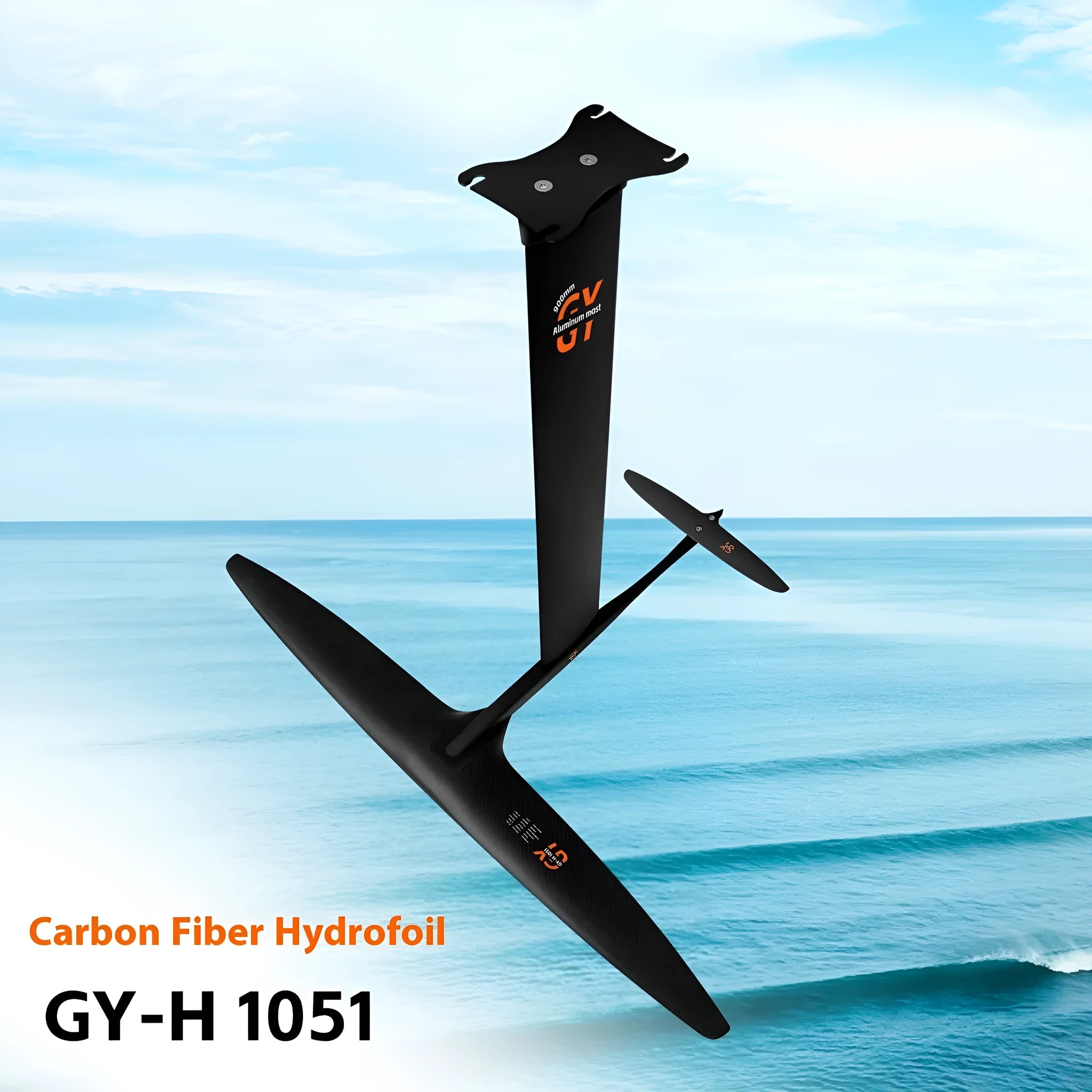 Black carbon fibre and aluminium racing hydrofoil for surfboards with a large front wing.