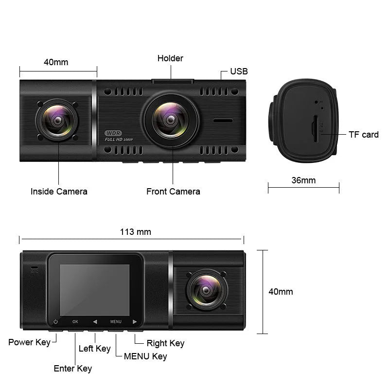 Black dash cam with 1.5-inch screen mounted on car windscreen showing dual camera recording.