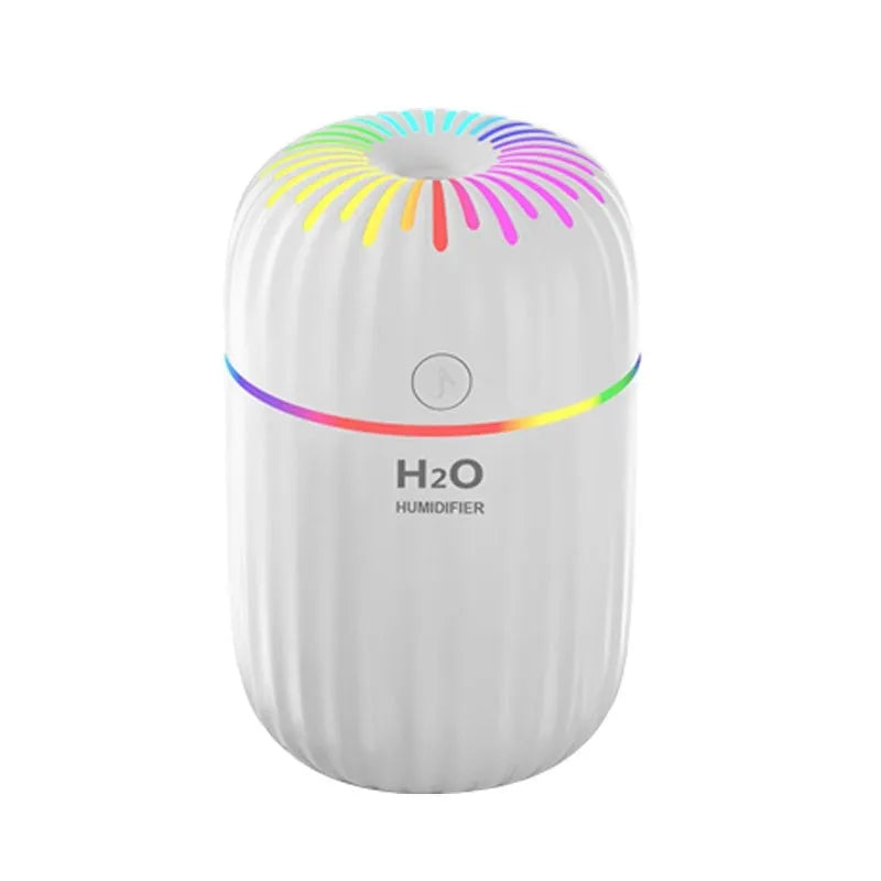 White pink or green mini USB humidifier with 300ml tank measuring 75x75x116mm