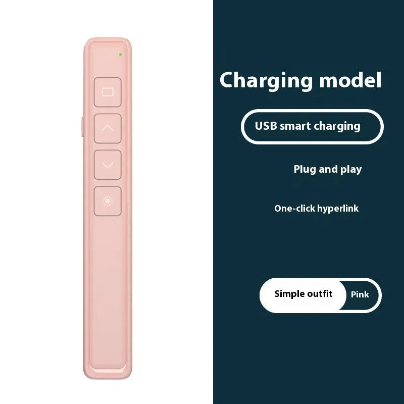 A black, white, or pink remote control pen for presentations with a laser pointer and digital annotation functions.