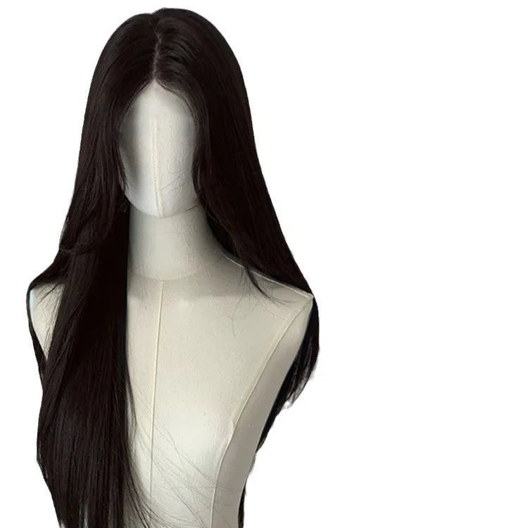 Forehead lace long straight black wig with side bangs in high temperature fibre material
