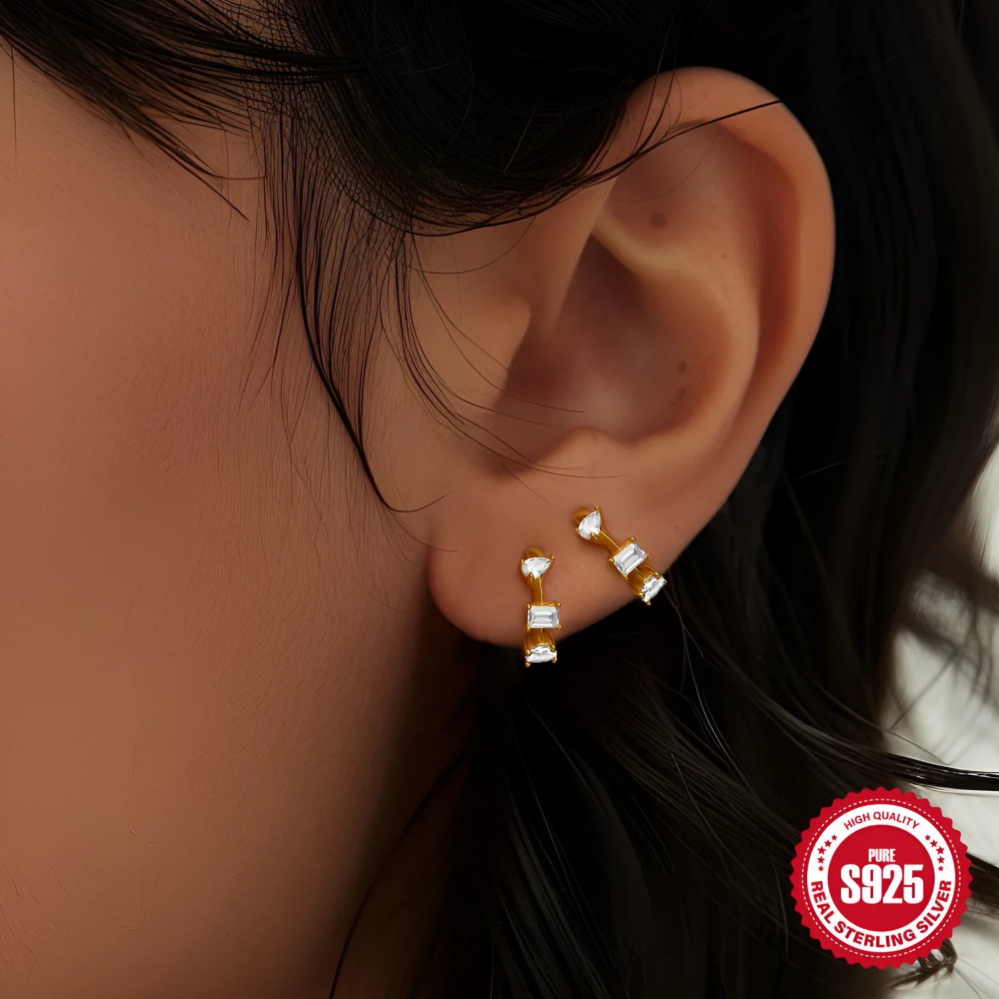 Small round geometric sterling silver stud earrings with a diamond shape, available in gold or silver finish.