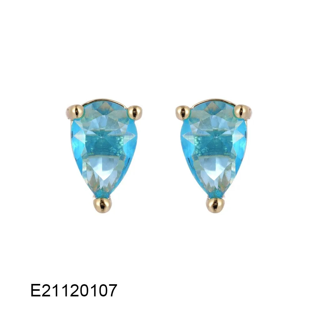 Brass gold-plated drop earrings with pear-shaped candy-colour zircon stones on copper construction