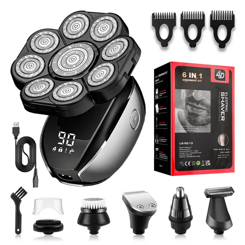 Black 6-in-1 USB rechargeable hair clipper kit with multiple attachments for personal grooming
