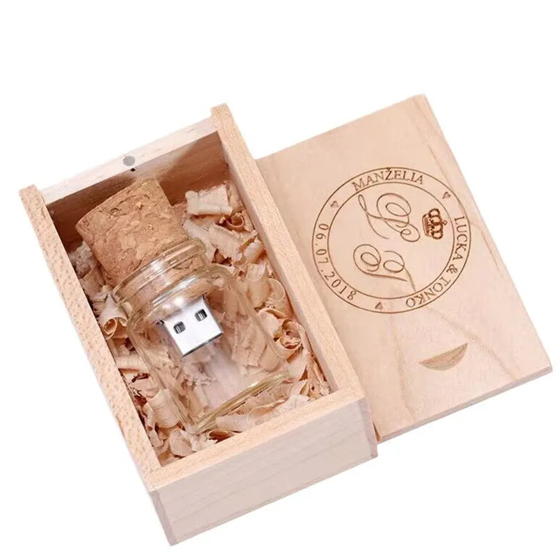 Wooden wish drift bottle USB flash drive 60mm by 28mm with transparent colour options