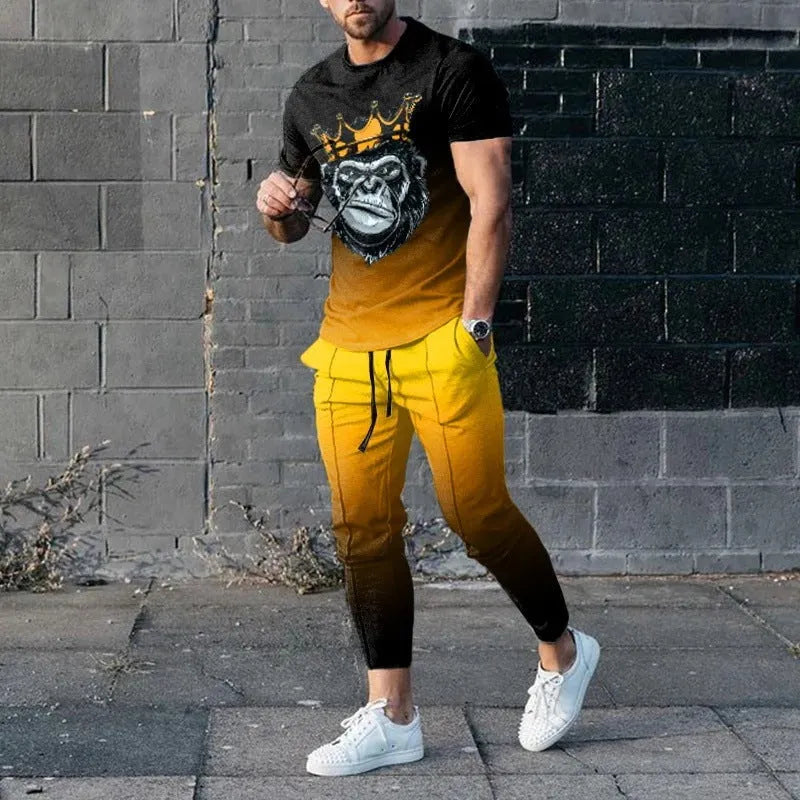 Man wearing a blue short-sleeved round neck pullover and matching trousers from a polyester sportswear set.