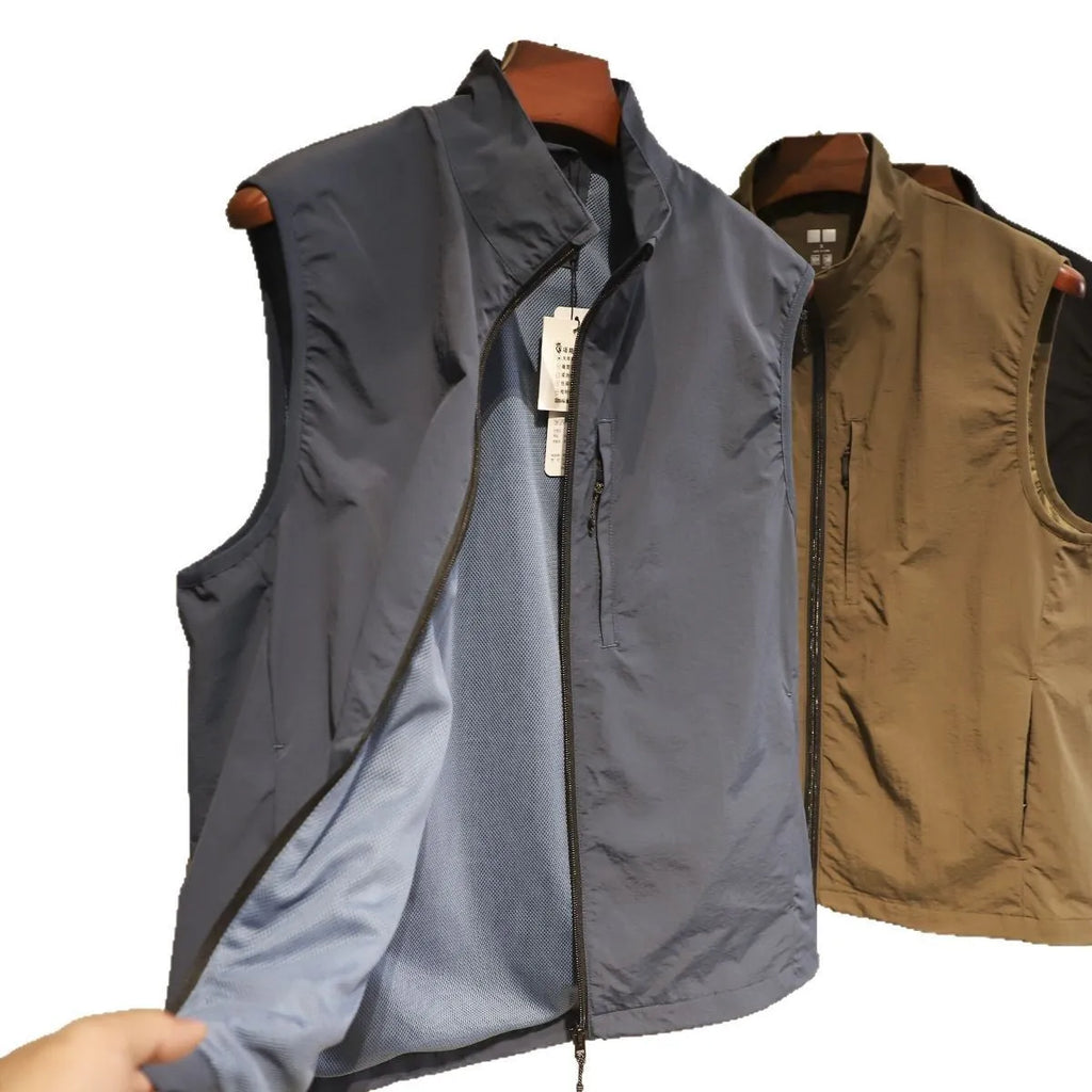 Men's thin nylon vest cardigan in army green with side pockets and straight retro cut.