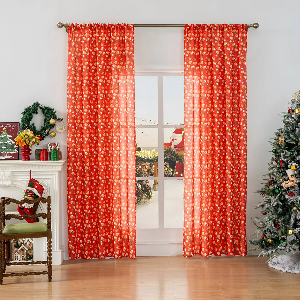 Green Christmas curtain with printed snowman and angel cartoon figures for window decoration