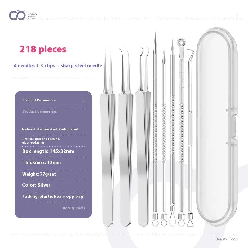 Four silver metal acne needles with pointed tips laid out on a flat surface.