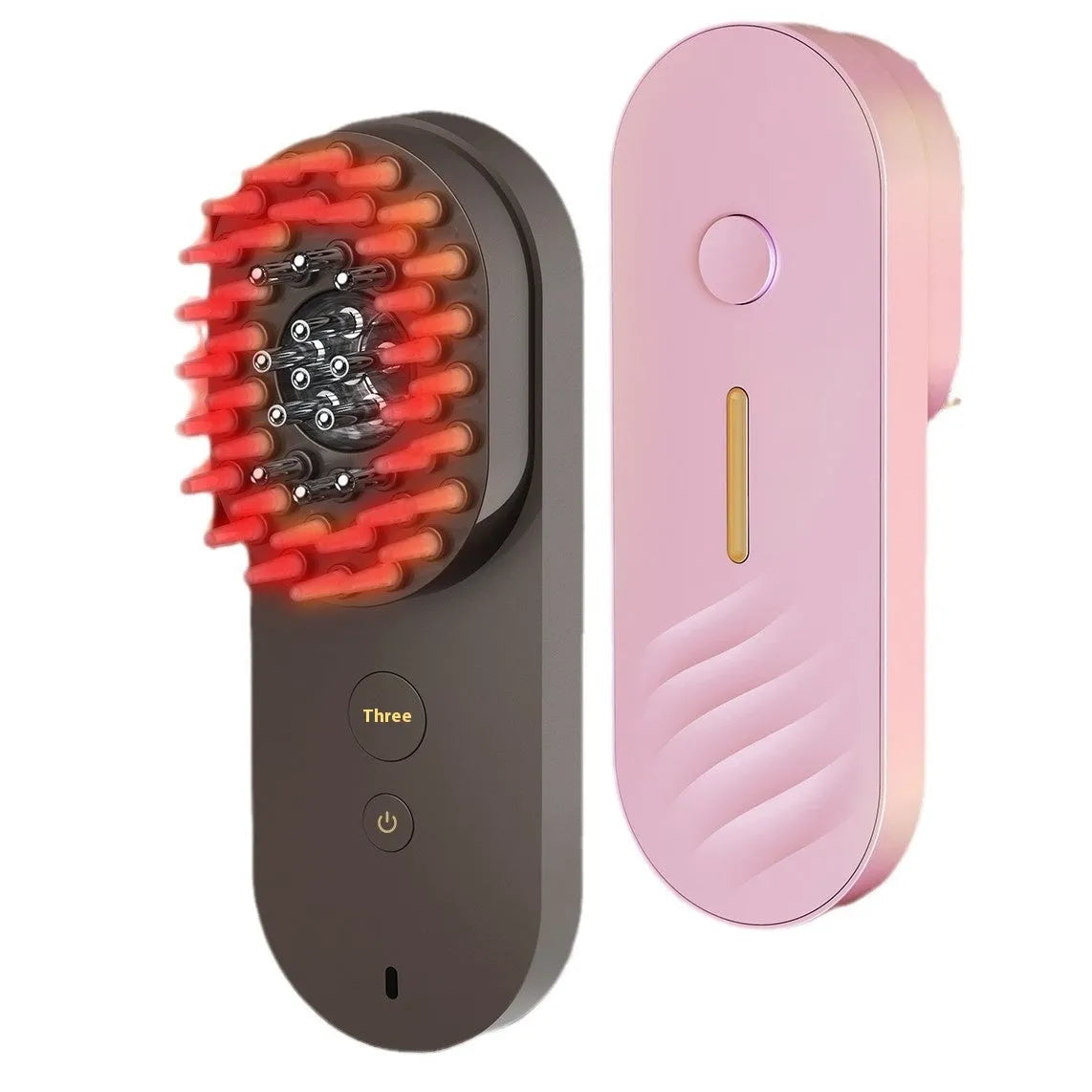 Pink and black smart massage comb with red light therapy for hair care, measuring less than 10cm