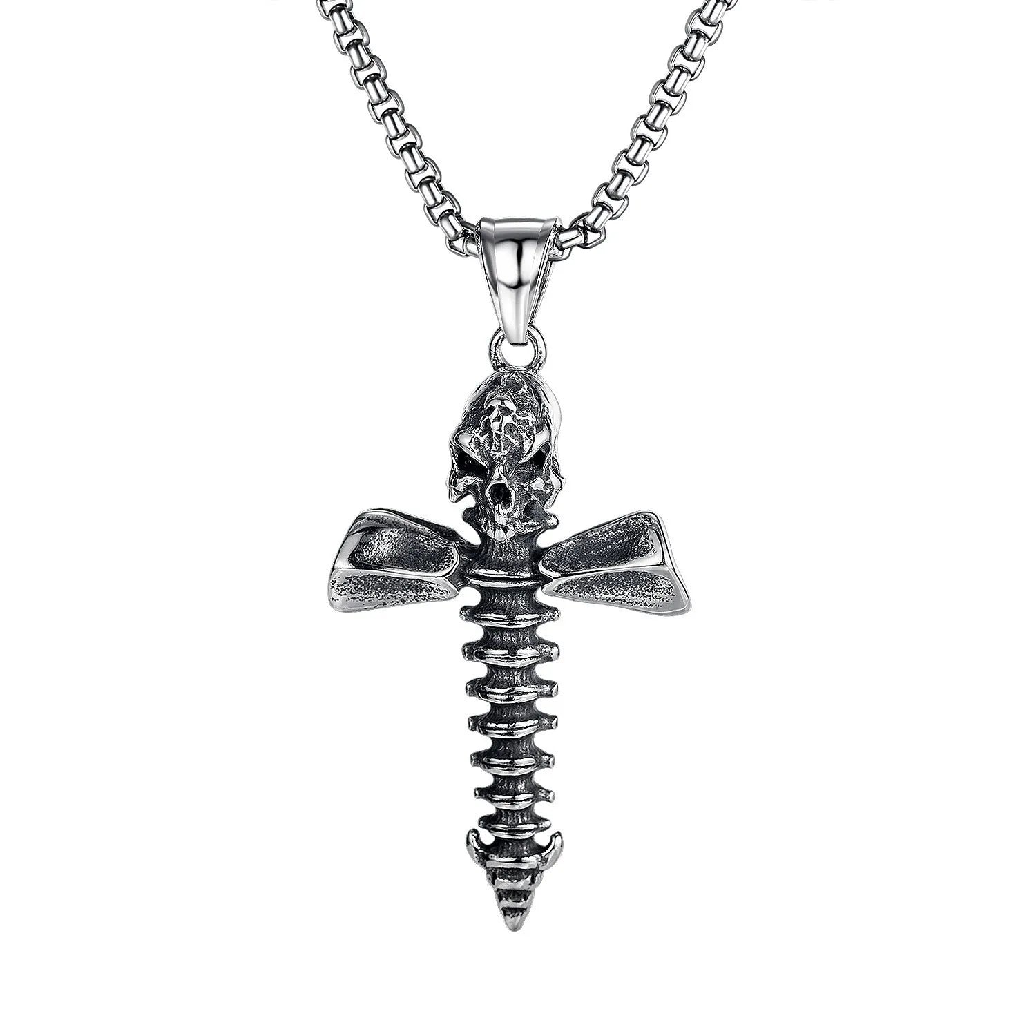 Men's silver skull necklace with alloy pendant and stainless steel chain in sports style