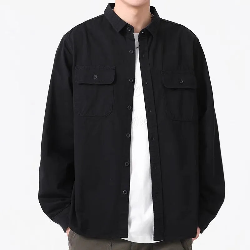 Men's loose fit long sleeve cardigan shirt in light grey, black, khaki or green.