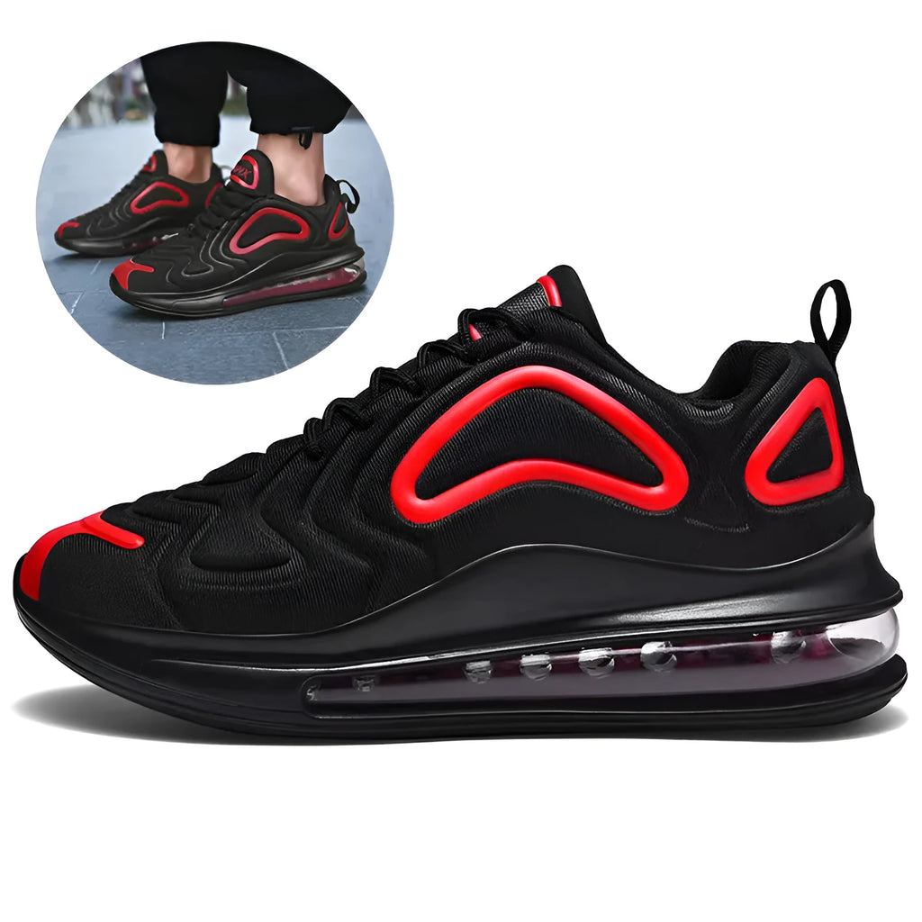 Men's black lace-up running sneakers with a thick sole and round toe design on a white background.