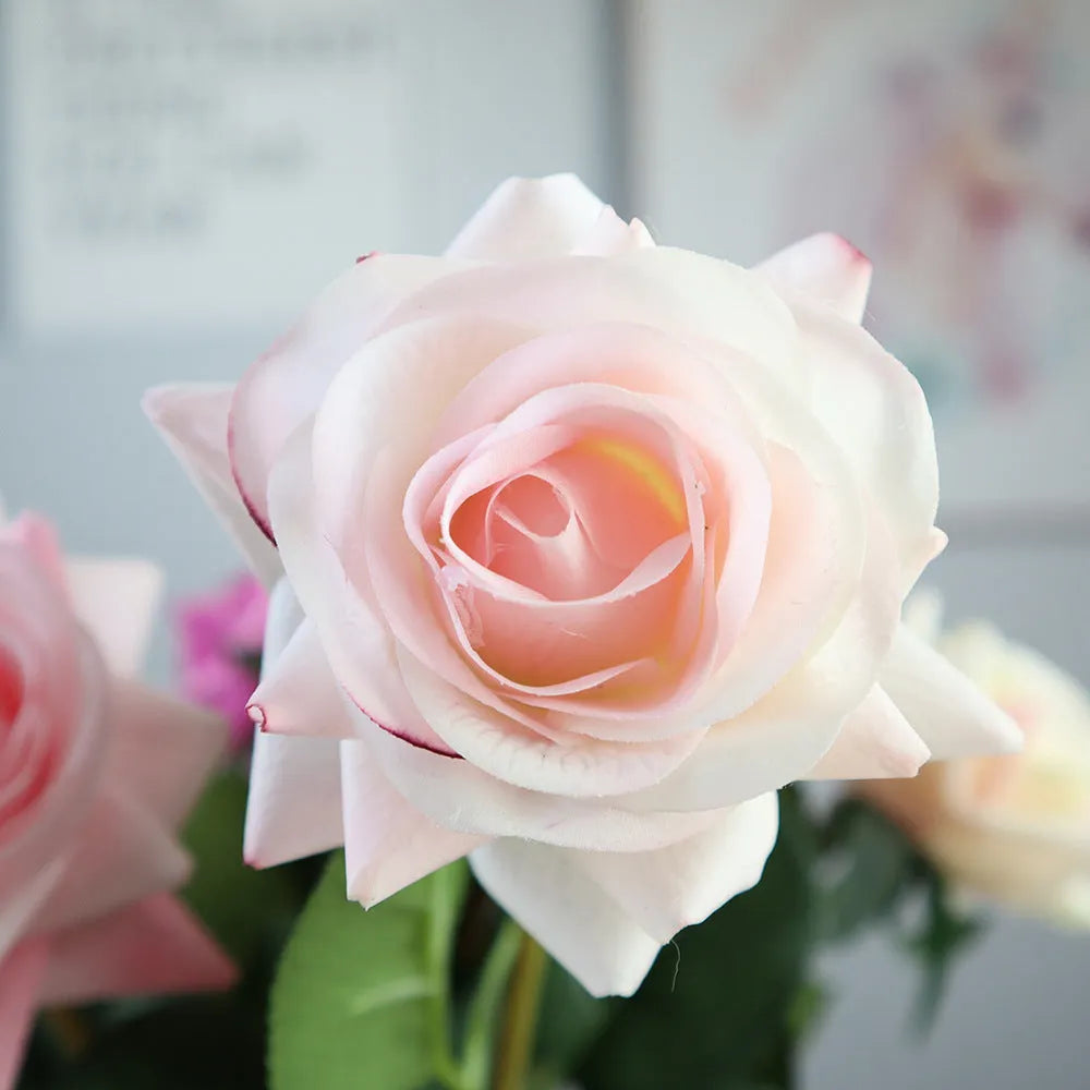 Silk artificial rose bouquet with 8.5cm flower heads in red, orange, white or purple fringe pink colours