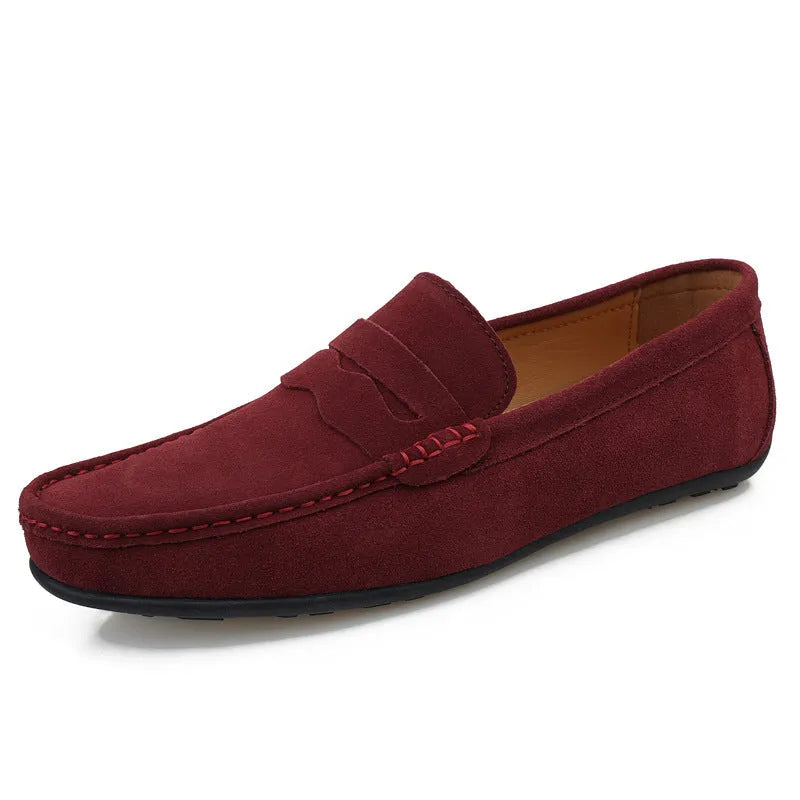 Men's suede leather slip-on loafers in various colours with a flat rubber sole and round toe