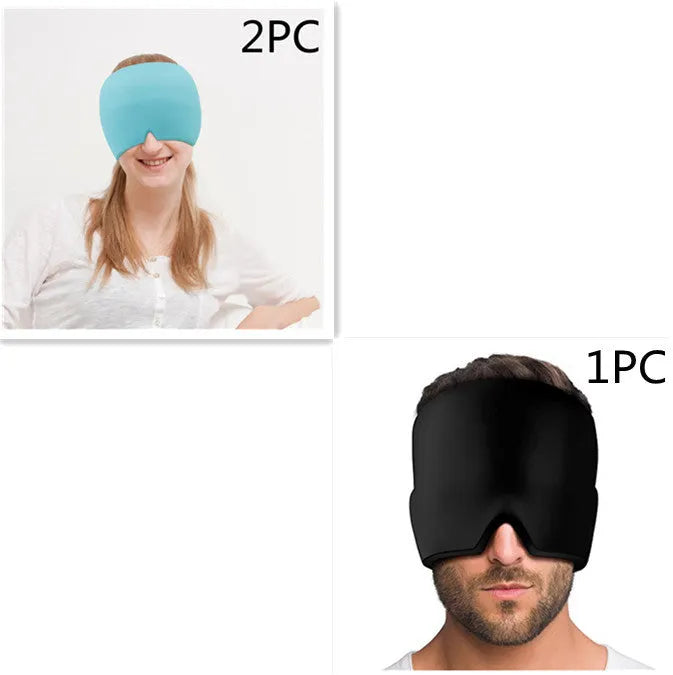 Black elastic cloth gel cold therapy eye mask for headache relief on grey background.
